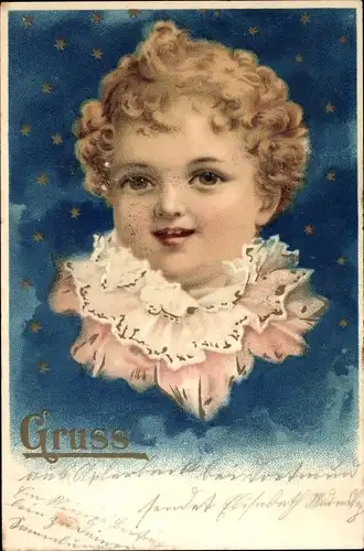 Litho Kind mit blonden Locken umgeben von Sternen, Portrait