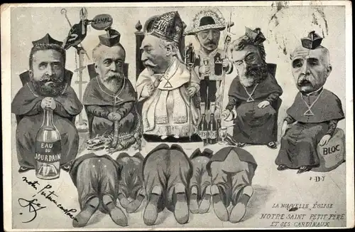 Ak La Nouvelle Eglise, Notre Saint Petit Pere et ses Cardinaux, Karikatur, Eau du Jourdain