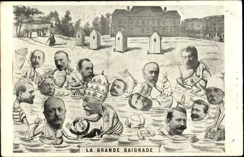 Ak La Grande Baignade, Jaures, Combes, Pelletan, französische Politiker, Karikatur