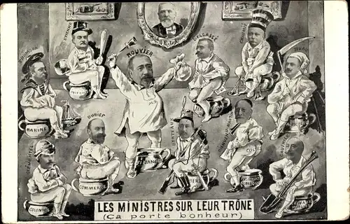 Ak Les Ministres sur leur Trone, französische Politiker auf Nachttöpfen, Karikatur, Rouvier,Delcasse