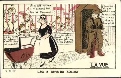 Künstler Ak Les 5 Sens du Soldat, La Vue, Soldaten schauen Kindermädchen hinterher