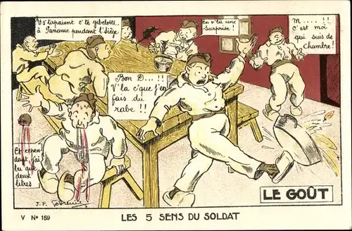 Künstler Ak Les 5 Sens du Soldat, Le Gout, Soldaten beim Essen