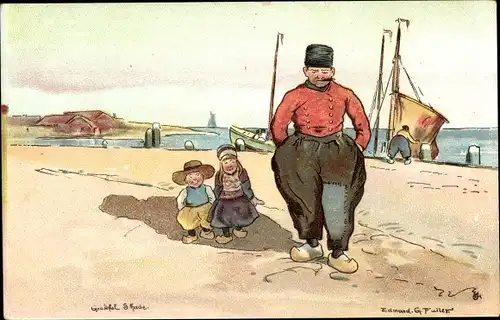 Künstler Ak Fuller, Edmond G., Mann und Kinder in niederländischen Trachten
