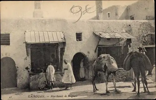 Ak Kairouan Tunesien, Marchands de Beignets, Backwarenverkäufer, Dromedar