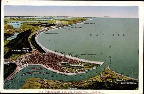 Landkarten Ak Świnoujście Swinemünde Pommern, Ostseeküste aus der Vogelschau