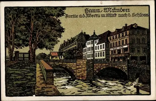 Litho Hann. Münden in Niedersachsen, Partie an der Werra, Schloss