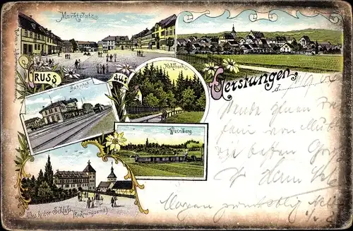 Litho Gerstungen in Thüringen, Marktplatz, Bahnhof, Altes Schloss, Rechnungsamt, Kahlbach