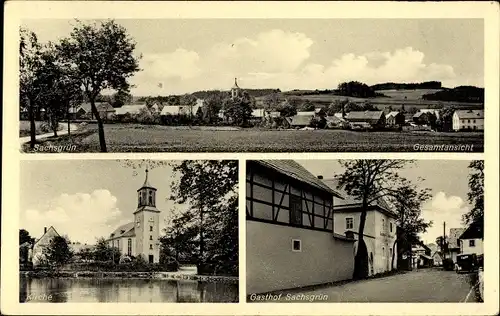 Ak Sachsgrün Triebel im Vogtland, Gesamtansicht, Kirche, Gasthof Sachsgrün