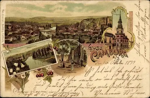 Litho Camburg an der Saale Thüringen, Panorama, Rathaus, Cyriakskirche, Wasserlauf