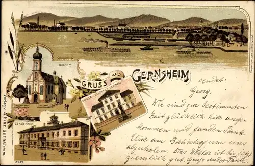 Litho Gernsheim am Rhein Hessen, Gesamtansicht, Kirche, Stadthaus, Schule
