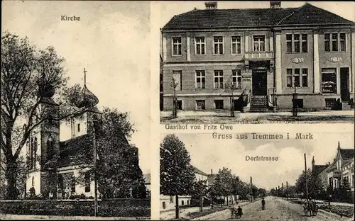 Ak Tremmen in der Mark Ketzin an der Havel, Kirche, Gasthof Fritz Owe, Dorfstraße