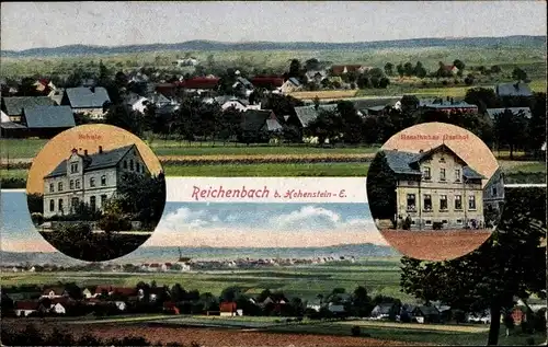 Ak Reichenbach Callenberg in Sachsen, Gasthof, Schule, Blick auf den Ort