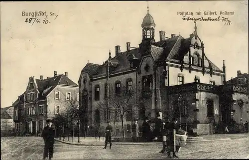 Ak Burgstädt in Sachsen, Postplatz mit kaiserlichem Postamt