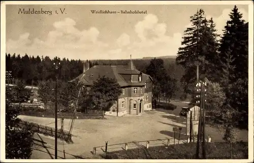 Ak Muldenberg Grünbach im Vogtland Sachsen, Bahnhofshotel Weidlichhaus