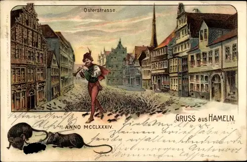 Litho Hameln in Niedersachsen, Osterstraße, Rattenfänger mit Ratten anno MCCLXXXIV