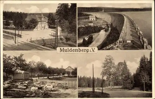 Ak Muldenberg Grünbach im Vogtland Sachsen, Bahnhofshotel Weidlichhaus, Bahnschranke, Talsperre