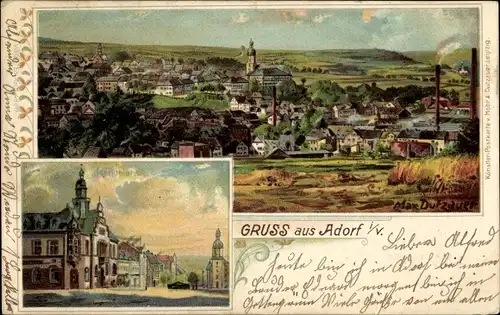 Künstler Litho Dutzauer, Max, Adorf im Vogtland, Blick auf den Ort, Marktplatz