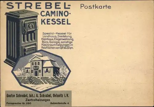 Ak Oelsitz in Sachsen, Strebel Camino Kessel, Gustav Schnabel, Reklame, Schmidtstraße 4