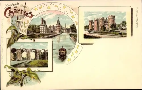 Litho Chartres Eure et Loir, Viadukt, Schloss, Ruderpartie, Fluss