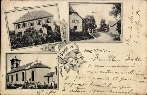 Ak Montreux Jeune Jungmünsterol Elsass Haut Rhin, Kirche, Straße, Epicerie Personal