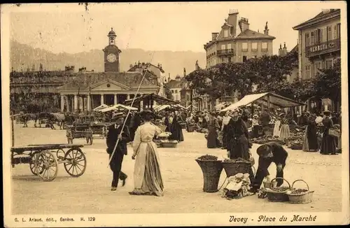 Ak Vevey Kanton Waadt, Place du Marche, Marktplatz, Kutschen, Verkäufer