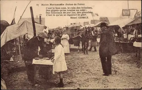 Ak Manche Frankreich, Notre Normandie, Scene de Foire, C'est le bon coin, le coin des brioches...