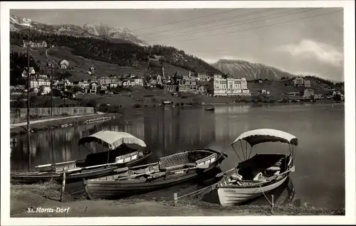 Ak Sankt Moritz Dorf Kanton Graubünden, Boote am Ufer, Ort