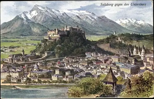 Künstler Ak Salzburg in Österreich, Panorama gegen den Untersberg