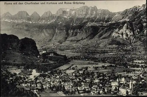 Ak Flums Kanton St. Gallen, Total mit dem Churfirsten und Kurhaus und Ruine Gräplang