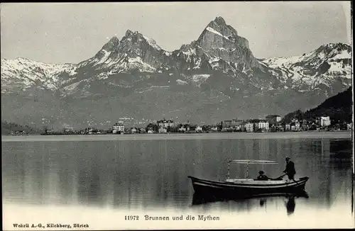 Ak Brunnen Kt Schwyz, Panorama, Mythen, Bootspartie