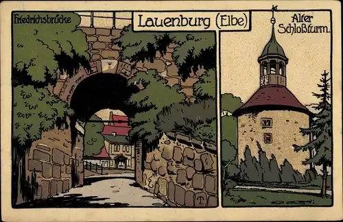 Steindruck Ak Lauenburg an der Elbe, Friedrichsbrücke, Alter Schlossturm