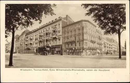 Ak Wiesbaden in Hessen, Ecke Wilhelmstraße Rheinstraße, Taunus Hotel, Hauptpost