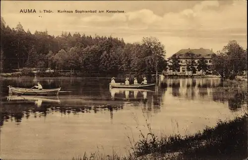 Ak Auma in Thüringen, Kurhaus Sophienbad am Kesselsee, Ruderboote