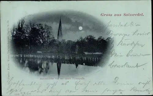Mondschein Ak Salzwedel in der Altmark, Marienkirche von der neuen Promenade