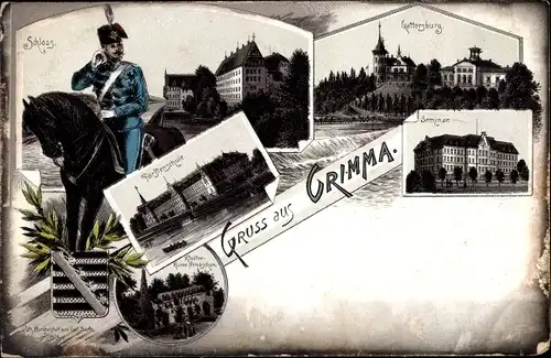 Wappen Litho Grimma in Sachsen, Schloss, Fürstenschule, Gattersburg, Seminar, Klosterruine Nimbschen