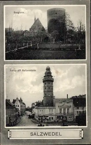 Ak Salzwedel in der Altmark, Burgturm, Partie mit Rathausturm, Hotel Schwarzer Adler