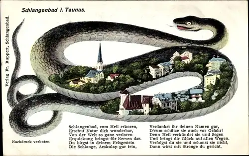 Passepartout Ak Schlangenbad im Taunus Hessen, Panorama vom Ort in Schlange, Gedicht