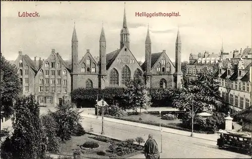 Ak Hansestadt Lübeck, Heiliggeisthospital, Straßenbahn