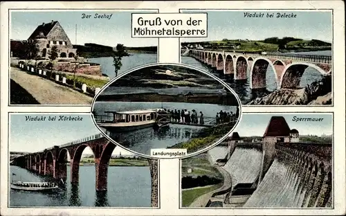 Ak Möhnesee in Westfalen, Möhnetalsperre, Seehof, Sperrmauer, Viadukt bei Delecke