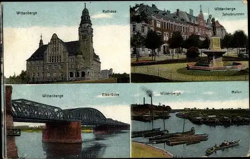 Ak Wittenberge an der Elbe Prignitz, Rathaus, Jahnbrunnen, Hafen, Elbbrücke
