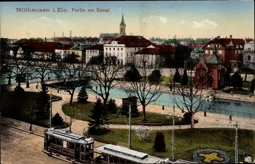 Ak Mulhouse Mülhausen Elsass Haut Rhin, Partie am Kanal, Straßenbahn