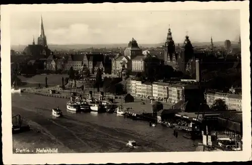 Ak Szczecin Stettin Pommern, Hafenbild, Dampfer, Boote, Kirchen, Hakenterrassen
