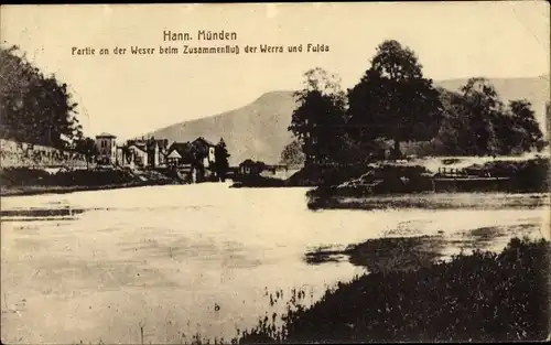 Ak Hann. Münden in Niedersachsen, Weser beim Zusammenfluss der Werra und Fulda