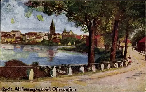Künstler Ak Ełk Lyck Masuren Ostpreußen, Abstimmungsgebiet, Wasserpartie mit Blick zur Stadt