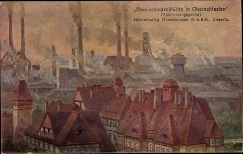 Künstler Ak Zabrze Hindenburg Schlesien, Donnersmarckhütte, rauchende Schornsteine, Vogelschau