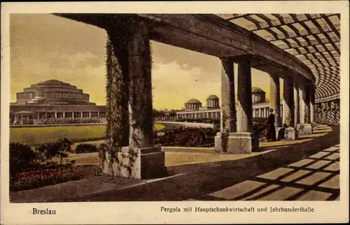 Ak Wrocław Breslau Schlesien, Pergola mit Hauptschankwirtschaft und Jahrhunderthalle