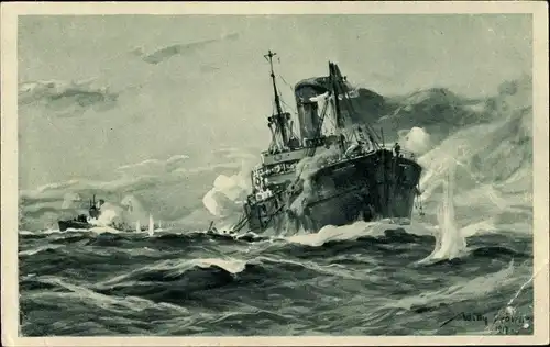 Künstler Ak Stöwer, Willy, Deutsches U Boot im Gefecht mit einem Handelsdampfer im Sperrgebiet