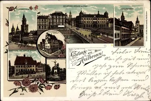 Litho Heilbronn am Neckar, Brücke mit Post, Kilianskirche, Kaiser Wilhelm Denkmal, Marktplatz
