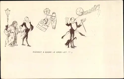 Künstler Ak Pierrot a gagne le gros lot, alte Frau, Zigarre