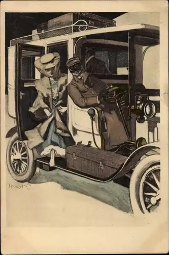 Künstler Ak Reznicek, Ferdinand von, Frau steigt aus Automobil, Simplicissimus II 11